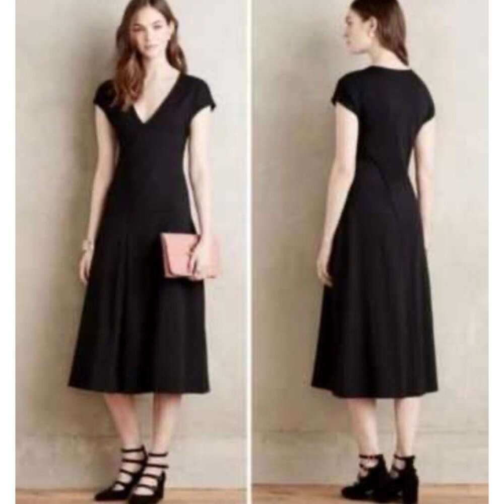 Anthropologie Maeve Midi Dress XS Extra Small Black A Line Stretch Short Sleeve